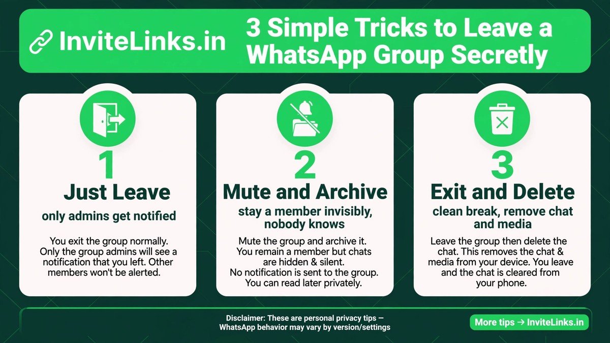 3 tricks to leave WhatsApp group secretly infographic
